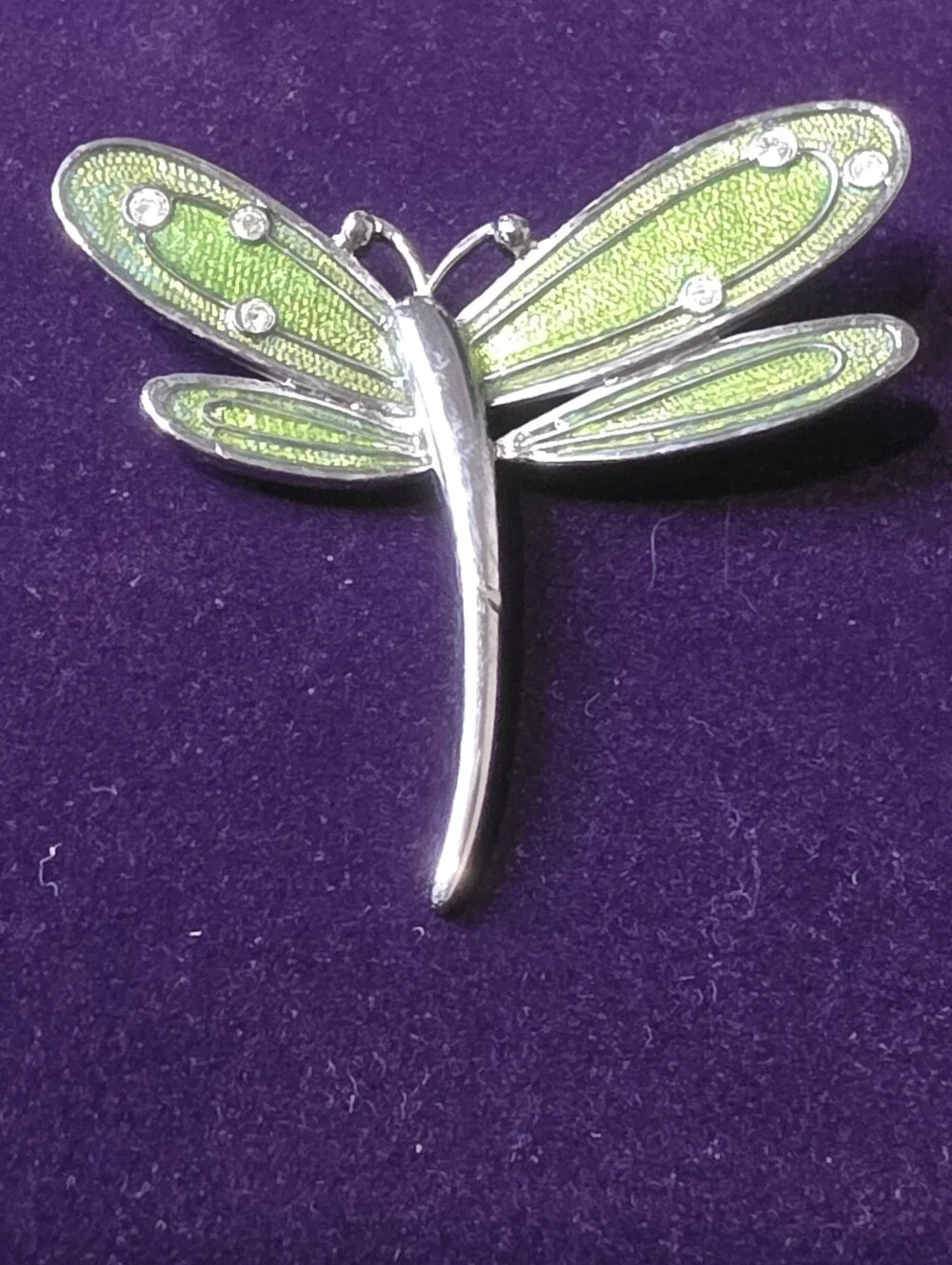 Vintage Signed Liz Claiborne LC Green Enamel Dragonfly Brooch Pin Rhinestone EUC